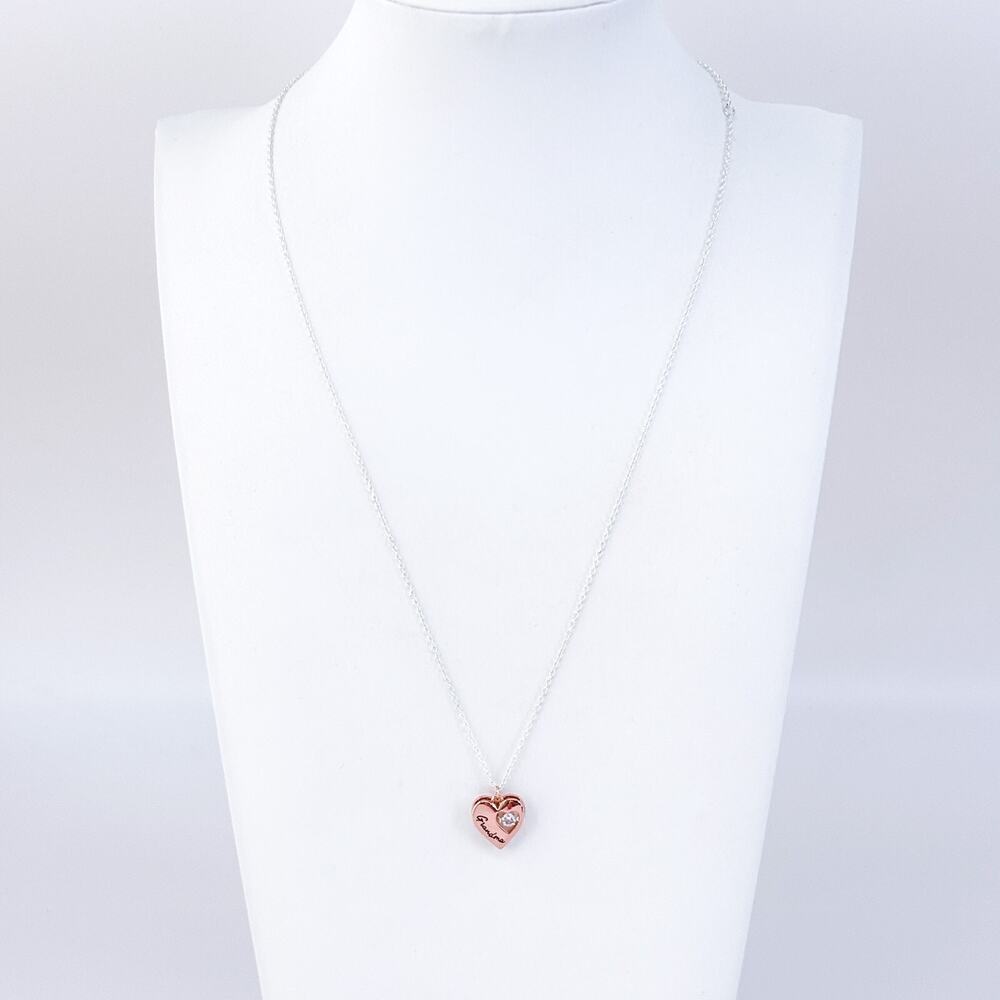 Vintage Silver Plated Grandma Heart Pendant Necklace with Cubic Zirconia 19.5"